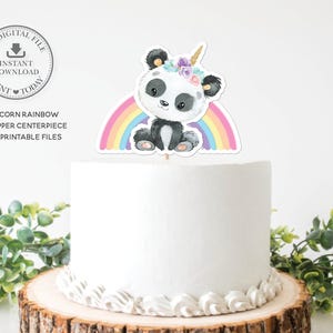 Topo de bolo panda, DOWNLOAD INSTANTÂNEO, Urso pandacorn arco-íris fofo 1º aniversário chá de bebê batismo decoração de mesa central arquivos para impressão PA1