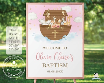 Noah's Ark Welcome Sign, EDITABLE TEMPLATE, Pink Noahs Ark Cute Animals Baby Girl Baptism Christening Poster Decoration INSTANT Download NA2