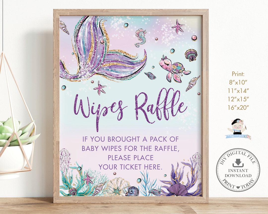 Mermaid Tail Wipes Raffle Sign, INSTANT DOWNLOAD, Chic Purple Mermaid ...