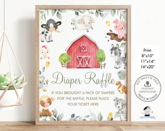 Diaper Raffle Sign, INSTANT DOWNLOAD, Greenery Farm Animals Barnyard Baby Shower Decoration Diy PDF Printable, Cow Horse Sheep Pig Duck, BY5