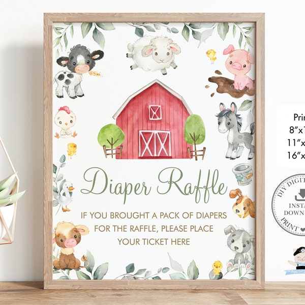 Diaper Raffle Sign, INSTANT DOWNLOAD, Greenery Farm Animals Barnyard Baby Shower Decoration Diy PDF Printable, Cow Horse Sheep Pig Duck, BY5