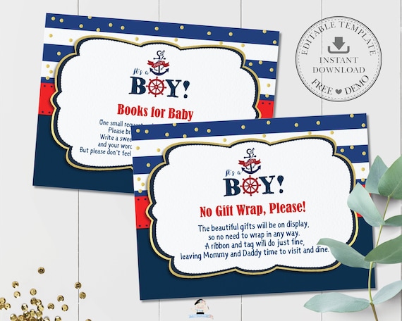 EDITABLE TEMPLATE, Extra Info Enclosure Card, Display Shower, Books for Baby Nautical Shower Printable, Red Navy Ahoy It's a Boy INSTANT NT1 Il_570xn