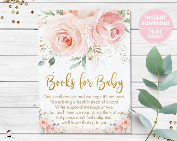 Blush Pink Floral Bring a Book Card, Chic Elegant Baby Girl Shower Books for Baby Insert, Rose Flower Gold, Diy Pdf INSTANT Download, PK5 Il_570xn
