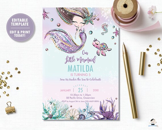 Mermaid Invitation, Mermaid Invitation Instant Download, Little Mermaid Printable, Under the Sea Invite, Ocean Diy PDF EDITABLE TEMPLATE MT2 Il_570xn