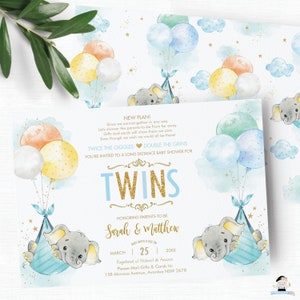 Pu&ograve; includere: Un invito a una festa di nascita con uno schema di colori blu e oro. L'invito presenta due elefanti che tengono palloncini e il testo "TWINS" in glitter dorato. L'invito include anche i nomi "Sarah & Matthew" e la data "March 25, 20XX".