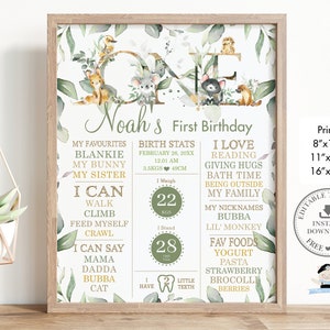 Puede incluir: Un p&oacute;ster de primer cumplea&ntilde;os imprimible con un dise&ntilde;o de hojas verdes y doradas. El p&oacute;ster presenta el n&uacute;mero uno con una linda ilustraci&oacute;n de animal. El p&oacute;ster incluye el nombre del ni&ntilde;o, Noah, y detalles sobre su primer a&ntilde;o, incluyendo sus estad&iacute;sticas de nacimiento, cosas favoritas e hitos. El p&oacute;ster est&aacute; disponible en tama&ntilde;os de 8x10, 11x14 y 16x20 pulgadas.