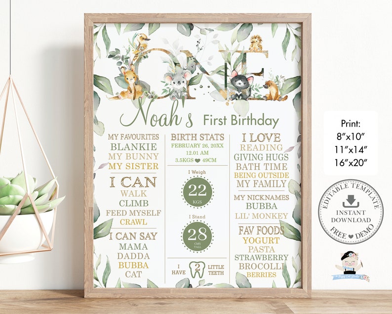 Puede incluir: Un p&oacute;ster de primer cumplea&ntilde;os imprimible con un dise&ntilde;o de hojas verdes y doradas. El p&oacute;ster presenta el n&uacute;mero uno con una linda ilustraci&oacute;n de animal. El p&oacute;ster incluye el nombre del ni&ntilde;o, Noah, y detalles sobre su primer a&ntilde;o, incluyendo sus estad&iacute;sticas de nacimiento, cosas favoritas e hitos. El p&oacute;ster est&aacute; disponible en tama&ntilde;os de 8x10, 11x14 y 16x20 pulgadas.