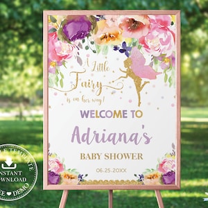 Fee Willkommensschild, EDITIERBARE VORLAGE, Lila Rosa Blumen Fee Baby Shower Printable, SOFORTIGER Download, Pdf Diy FF2