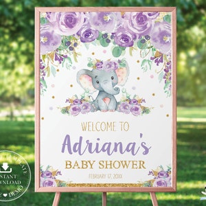 Signo de bienvenida de elefante, PLANTILLA EDITABLE, Elefante imprimible, Niña caprichosa de baby shower, Floral púrpura, Lila Chic Glitter Gold INSTANT EP9