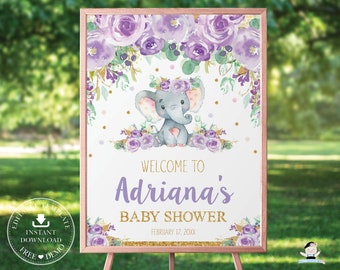 Elephant Welcome Sign, EDITABLE TEMPLATE, Printable Elephant, Whimsical Baby Shower Girl, Purple Floral, Lilac Chic Glitter Gold INSTANT EP9