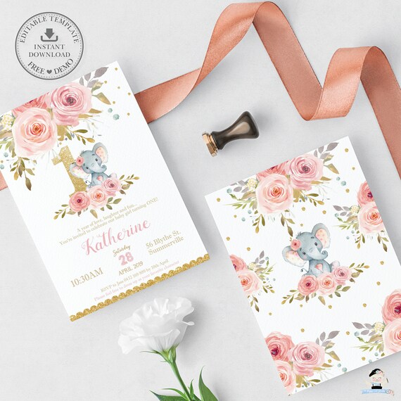 Instant Download Turning One Elephant First Birthday Flower Girl Birthday Pink Floral Printable Invitation Elephant Birthday Invite
