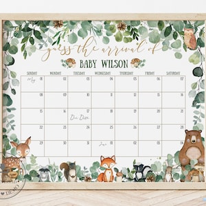 Adivinhe o jogo de calendário de data de vencimento do bebê para impressão, MODELO EDITÁVEL, vegetação, animais da floresta, sinal de previsão de aniversário de chegada do bebê, WG17