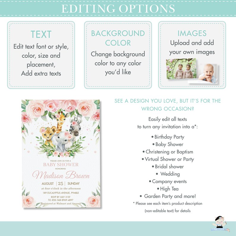 May include: A pink and green baby shower invitation with a watercolor illustration of a giraffe, lion, elephant, and zebra. The text reads "Please join us for a Baby Shower honoring Madison Brown August 25 Sunday at four o'clock in the afternoon 189 Eucalyptus Avenue, Pymble RSVP by July 31st to Jess 568-896-4897 Registered at Walmart and Amazon"