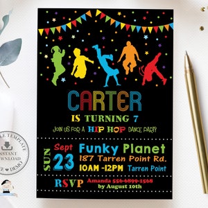 Hip Hop Dance Party Invitation Printable, EDITABLE TEMPLATE, Disco Party Kids Boy Girl Invites, Neon Bright Vibrant, INSTANT Download, DP3
