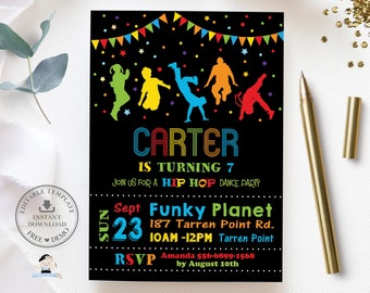 Hip Hop Dance Party Invitation Printable, EDITABLE TEMPLATE, Disco Party Kids Boy Girl Invites, Neon Bright Vibrant, INSTANT Download, DP3