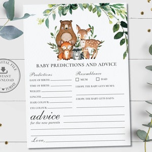 Predicciones del bebé y tarjeta de consejos, DESCARGA INSTANTE, Rustic Greenery Woodland Animals Baby Shower Game Activity, Diy PDF Imprimible, WG7