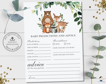 Babyförutsägelser och rådskort, DIREKT NEDLADDNING, Rustik grönska skogsdjur babyshower-lekaktivitet, DIY PDF utskrivbar, WG7