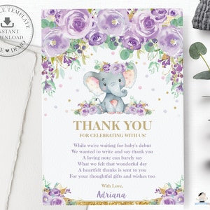 MODÈLE MODIFIABLE Éléphant Baby Shower Merci Carte, Bébé Fille, Violet Floral Imprimable, Lilas, Chic, Paillettes Or, Fantaisiste, INSTANT EP9