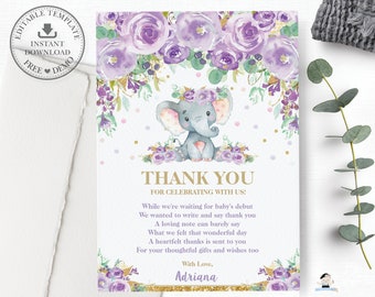 EDITABLE TEMPLATE Elephant Baby Shower Thank You Card, Baby Girl, Purple Floral Printable, Lilac, Chic, Glitter Gold, Whimsical, INSTANT EP9