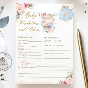 Baby Vorschläge und Beratung druckbar, SOFORTIGER DOWNLOAD, schicke rosa Blumen High Tea Party Teekanne Babyparty Quiz Karten lustige Aktivitätsspiel TP5