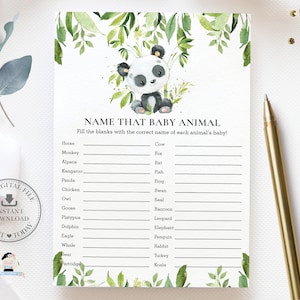 Juego de nombre que bebé animal DESCARGA INSTANTE Lindo oso panda Bambú Verde Género neutral Baby Shower Quiz Tarjeta Actividad Diy Imprimible PA2