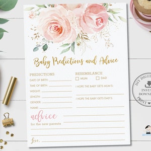 Baby Voorspellingen en Advies Kaart, INSTANT DOWNLOAD, Chic Blush Pink Floral Rose Flower Gold Baby Shower Game Activiteit, Diy PDF Afdrukbare PK5