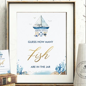 Raten Sie, wie viele Fische im Glas sind Spiel, SOFORT-DOWNLOAD, Nautisches blaues Boot Ahoi, Es ist ein Junge