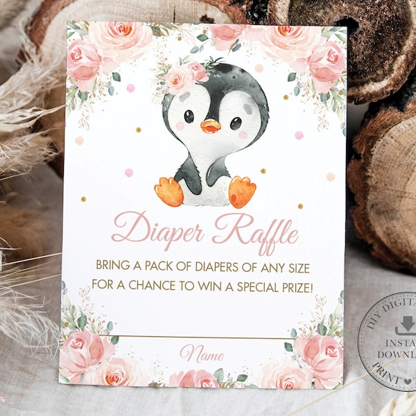 Cute Penguin Diaper Raffle Card Chic Antartic Winter Pastel Blush Pink Floral Baby Girl Shower Bring Diapers Insert DIY INSTANT DOWNLOAD PN1