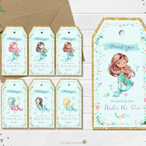 MERMAID Thank You Tags, Favor, Gift Labels, Mermaid Birthday Party, Under the Sea, Pool, Girls, Lolly, Loot, Gold Glitter, INSTANT DOWNLOAD