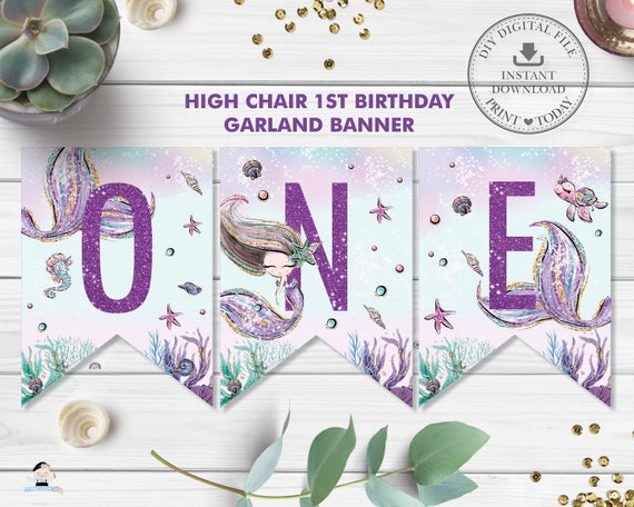 Mermaid 1st Birthday High Chair Banner, One Garland Bunting Decor Sign, Whimsical Under the Sea Tail Printable Pdf, INSTANT DOWNLOAD, MT2 Il_570xn