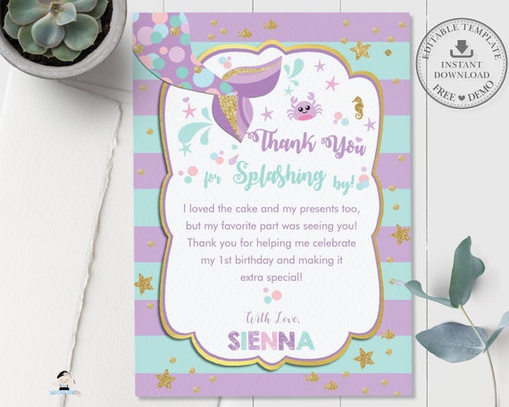 Mermaid Thank You Note Card, EDITABLE TEMPLATE, Turquoise Gold Purple Mermaid Tail Under the Sea Birthday Printable, INSTANT Download, MT1 Il_570xn