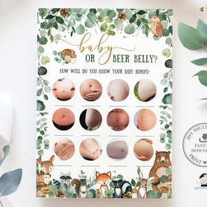 Baby or Beer Belly Game, INSTANT DOWNLOAD, Pregnant Bump Greenery Woodland Animals Baby Shower Fun Guessing Activity Diy Printable, WG17