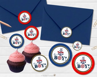 Nautical Baby Shower 2" - 2.5" Round Cupcake Topper, Favor Circle Sticker Labels, Nautical Printable, Ahoy It's a Boy, Sailor Red Navy, NT1
