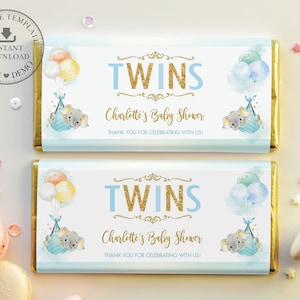 Twins Elephant Chocolate Bar Wrapper, Candy Bar Aldi Hershey&#39;s, Chic Twin Boys Baby Shower Favors, Instant Download, EDITABLE TEMPLATE, EP3