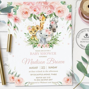 May include: A baby shower invitation with a floral design and illustrations of baby animals. The invitation features a giraffe, lion, zebra, and elephant, surrounded by pink roses and greenery. The text includes the name "Madison Brown", date, time, and RSVP details.