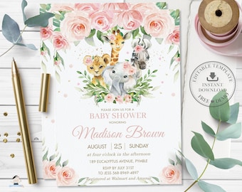 Jungle Animals Pink Floral Greenery Invitation, EDITABLE TEMPLATE, Instant Download, Elephant Giraffe Lion Zebra Baby Shower Invite, JA6