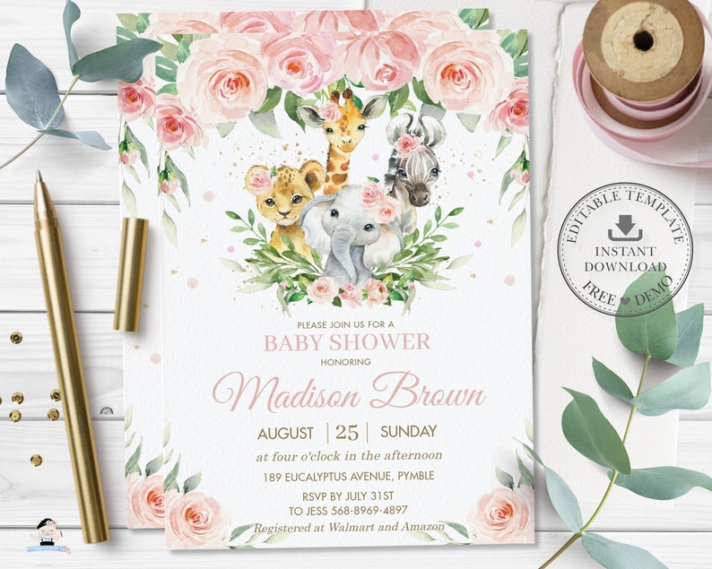 K&ouml;nnte beinhalten: Eine Babyparty-Einladung mit Illustrationen von Baby-Tieren, darunter eine Giraffe, ein L&ouml;we, ein Zebra und ein Elefant, umgeben von rosa Rosen und Gr&uuml;n. Der Einladungstext enth&auml;lt den Namen "Madison Brown", Datum, Uhrzeit und RSVP-Informationen.