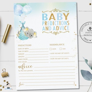 Baby voorspellingen en advies kaart, BEWERKBARE SJABLOON, Olifant Blauwe Ballon Jongen Baby Douche Spel Activiteit Diy Pdf Afdrukbaar, INSTANT Bestand EP3