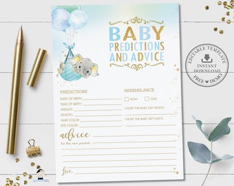 Babyförutsägelser och rådskort, REDIGERINGSBAR MALL, elefantblå ballongpojke babyshower-spelaktivitet DIY PDF-utskrivbar, INSTANT-fil EP3
