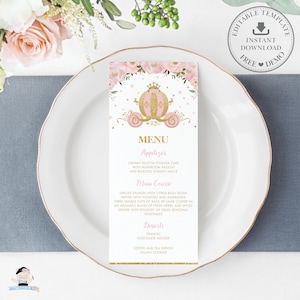 Blush Pink Floral Princess Carriage Menu Imprimable, MODÈLE MODIFIABLE, Baby Shower Girl Sprinkle 1st Birthday Party, Chic Glitter Gold, PU2