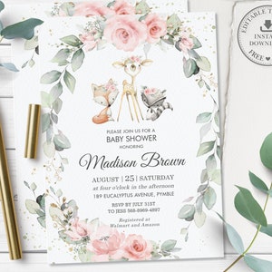 May include: A baby shower invitation with a watercolor design featuring a deer, fox, and raccoon surrounded by pink flowers and greenery. The text reads "Please join us for a baby shower honoring Madison Brown, August 25, Saturday at four o'clock in the afternoon, 189 Eucalyptus Avenue, Pymble, RSVP by July 31st to Jess 568-8969-4897, Registered at Walmart and Amazon."