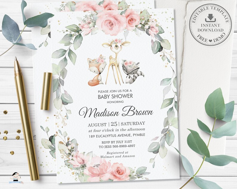 May include: A baby shower invitation with a watercolor design featuring a deer, fox, and raccoon surrounded by pink flowers and greenery. The text reads "Please join us for a baby shower honoring Madison Brown, August 25, Saturday at four o'clock in the afternoon, 189 Eucalyptus Avenue, Pymble, RSVP by July 31st to Jess 568-8969-4897, Registered at Walmart and Amazon."