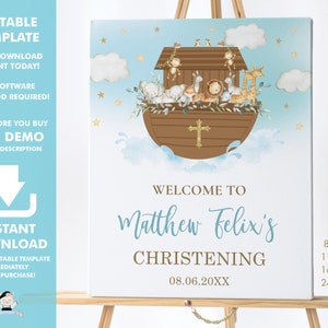 Noah&#39;s Ark Welcome Sign, EDITABLE TEMPLATE, Blue Boy Noahs Ark Cute Animals Christening Baptism Poster Decor Pdf, INSTANT Download, NA2