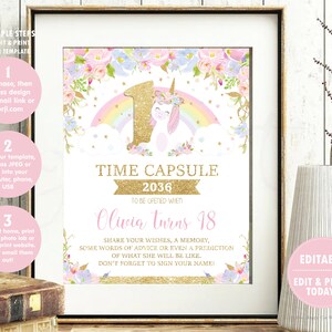 Unicorn Time Capsule Poster Sign and Message Card, 1st First Birthday ...