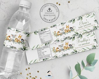 Puede incluir: Etiquetas imprimibles para botellas de agua con un tema de animales del bosque con un esquema de color verde y marrón. Las etiquetas incluyen el texto "Eloise's Baby Shower" y "Brooklyn's 1st Birthday" con el mensaje "¡Gracias por celebrar con nosotros!"