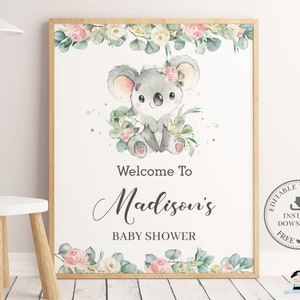 Niedliches Koala Willkommensschild, EDITIERBARE VORLAGE, Blumen Grün Eukalyptus Mädchen Babyparty 1. Geburtstag Poster Dekor Pdf, SOFORTIGER Download, AU2