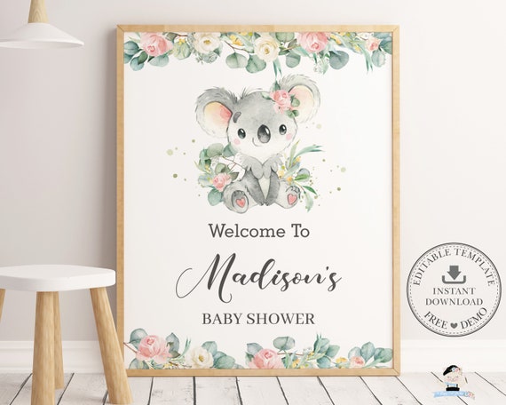 Cute Koala Welcome Sign, EDITABLE TEMPLATE, Floral Greenery Eucalyptus Girl Baby Shower 1st Birthday Poster Decor Pdf, INSTANT Download, AU2 Il_570xn