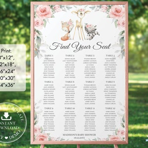 Woodland zitplaatsen grafiek afdrukbare BEWERKBARE SJABLOON Bosdieren Baby Douche Verjaardag Blush Roze Bloemen Groen INSTANT Download Pdf WG10