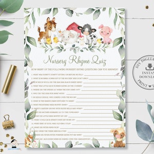 Nursery Rhyme Quiz, TÉLÉCHARGEMENT INSTANTANÉ, Guess Song Farm Animals Barnyard Greenery Neutral Baby Shower Game Card Activity Diy PDF Imprimable BY5