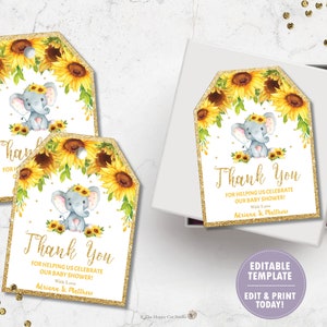 EDITABLE TEMPLATE Elephant Thank You Tags, Favors, Elephant Printable, Baby Shower Girl, Birthday, Baptism, Sunflower Floral, Yellow, EP8